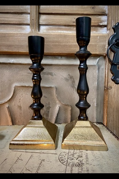  9"H x 3"W TURIN LARGE BLACK AND GOLD  CANDLESTICK [901381]